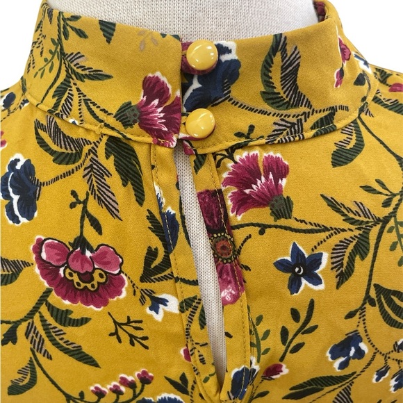 Pleione Mustard Floral High-Neck Sleeveless Blouse Ruffle Hem Size Medium - Picture 4 of 6